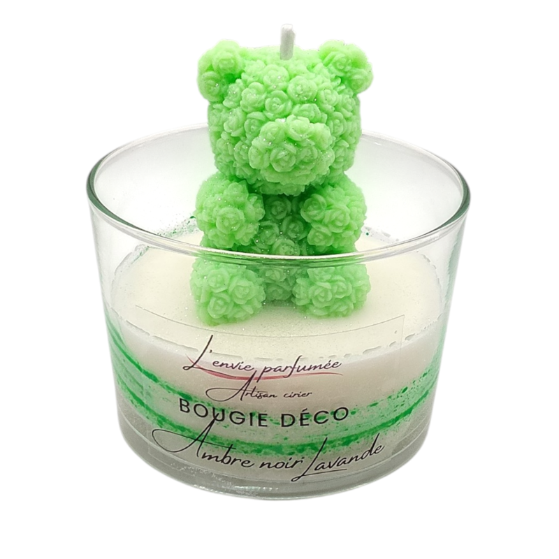 Bougie déco - Ambre noir Lavande - Ourson fleurs Vert fluo