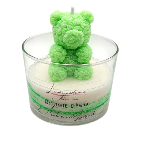 Bougie déco - Ambre noir Lavande - Ourson fleurs Vert fluo