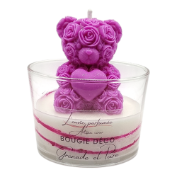 Bougie déco - Grenade et Poire - Ourson roses Centre cœur Fuchsia