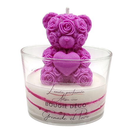 Bougie déco - Grenade et Poire - Ourson roses Centre cœur Fuchsia