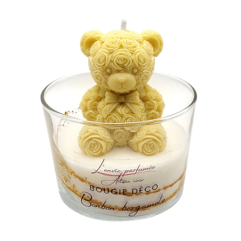 Bougie déco - Bonbon bergamote - Ourson Nœud papillon Jaune gold