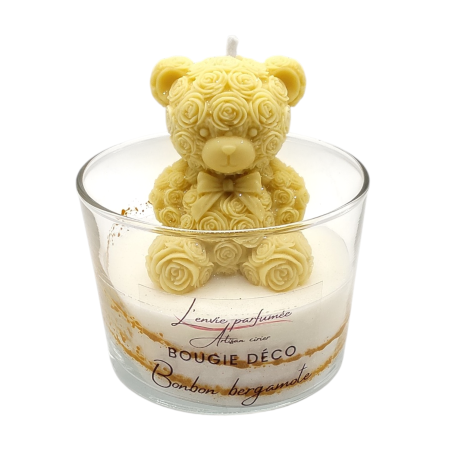 Bougie déco - Bonbon bergamote - Ourson Nœud papillon Jaune gold