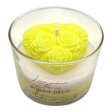 Bougie déco - Ambre noir Lavande - Cœur roses Jaune