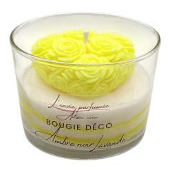Bougie déco - Ambre noir Lavande - Cœur roses Jaune